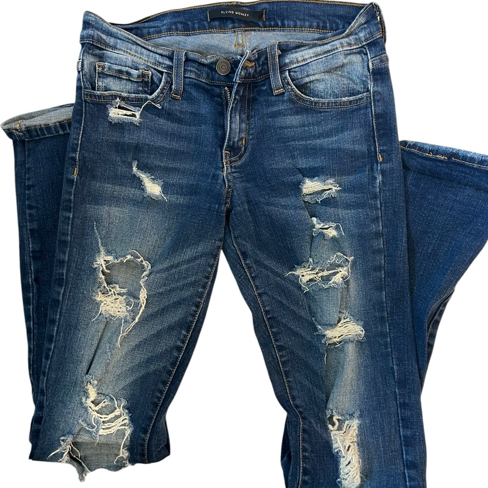 Flying Monkey Low Rise Straight Jeans Distressed Raw Hem Denim